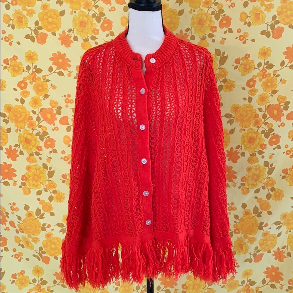 Beautiful Red Vintage Crochet Pocket Button Poncho